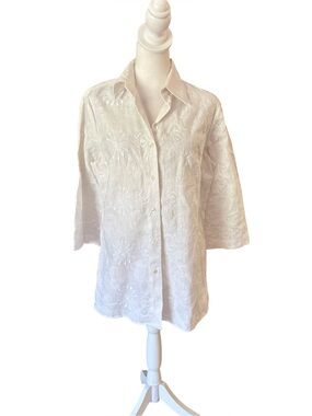 Peter Martin White Linen Floral Embroidered Button Up Shirt Womens Size Medium